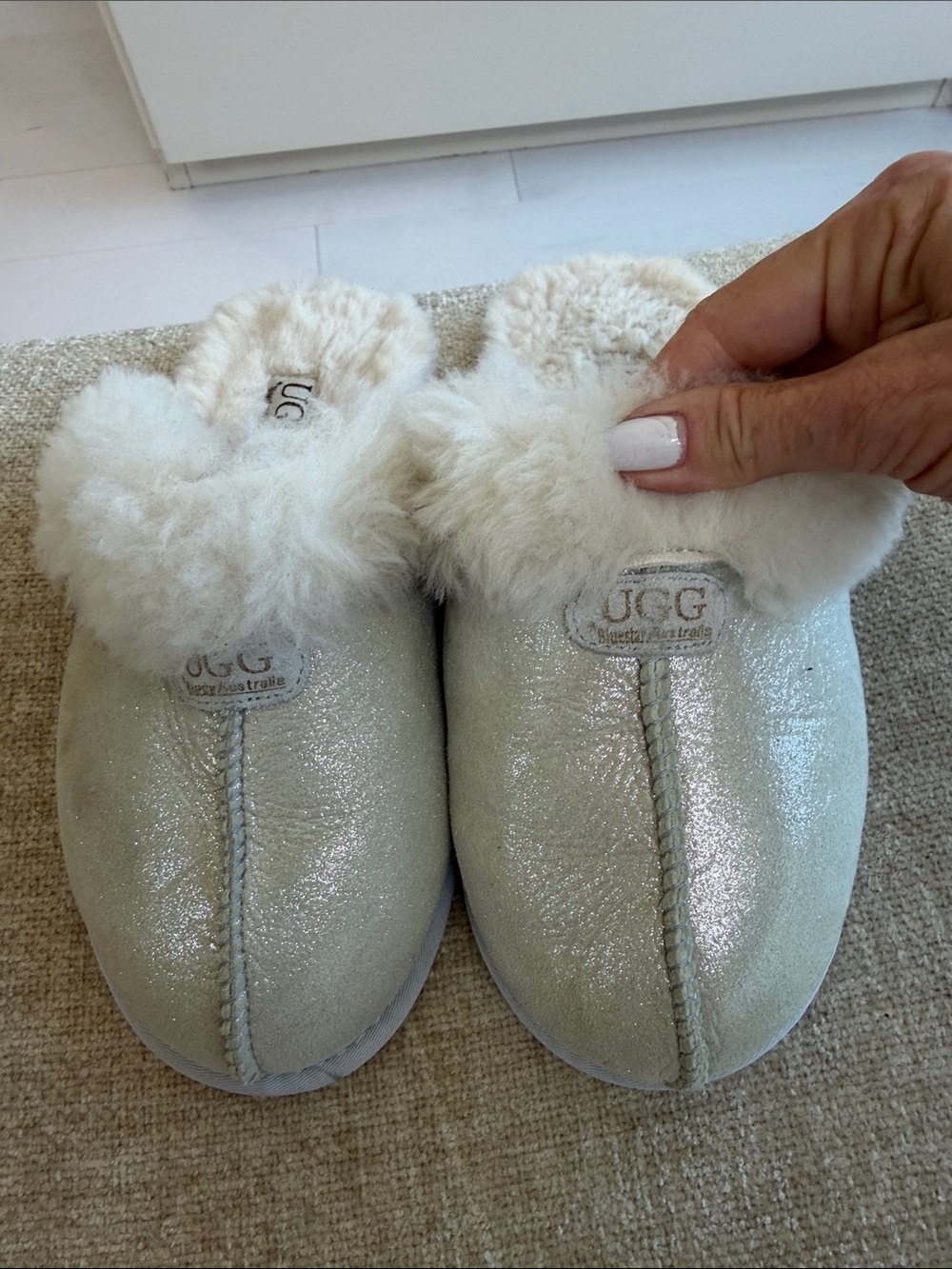 UGG Womens Metallic Silver Shearling Slippers